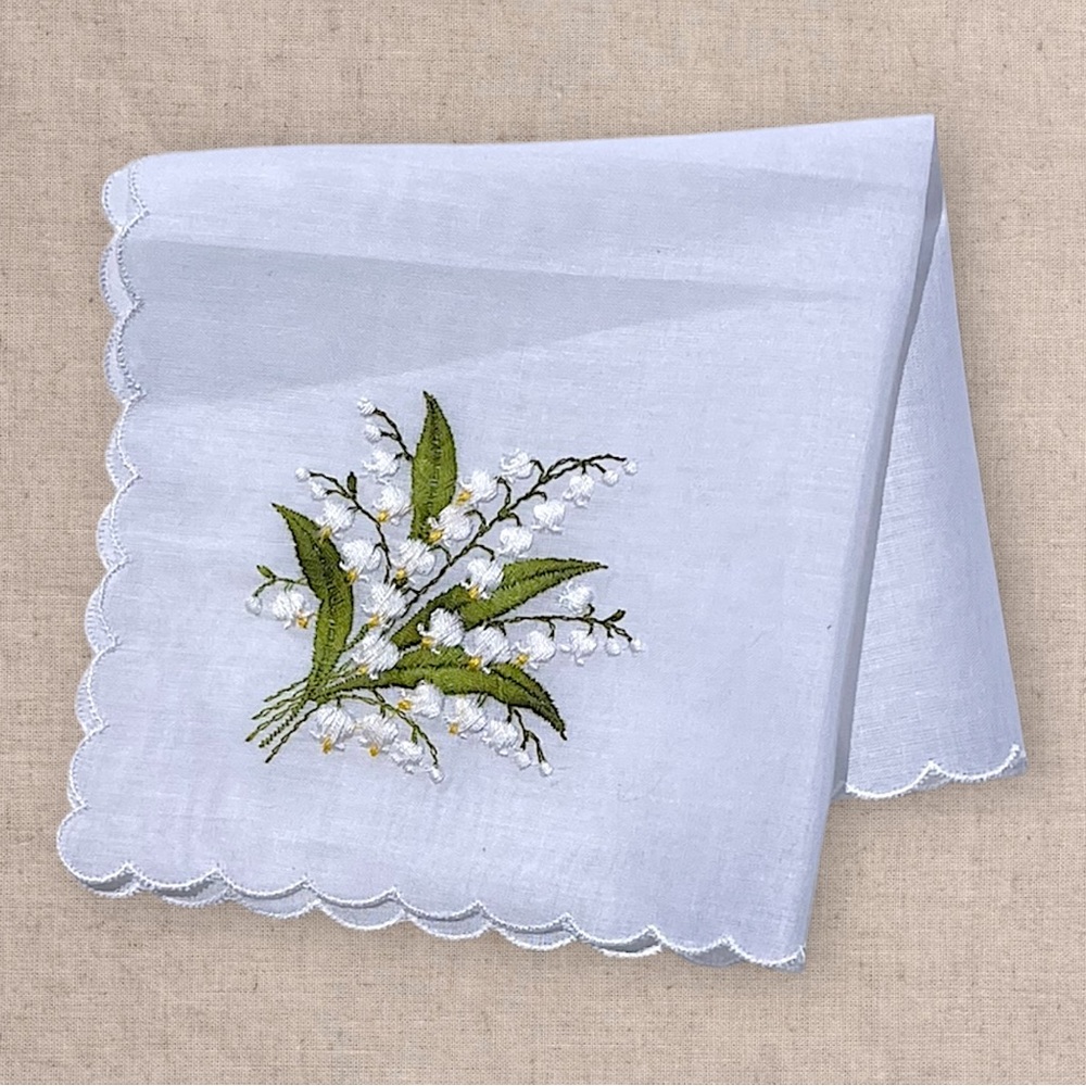 Vintage Alba White Linen Napkin with Lily of the Valley Embroidery